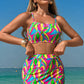 Multicolour Abstract Print Textured Spaghetti Strap High Waist Bikini Set
