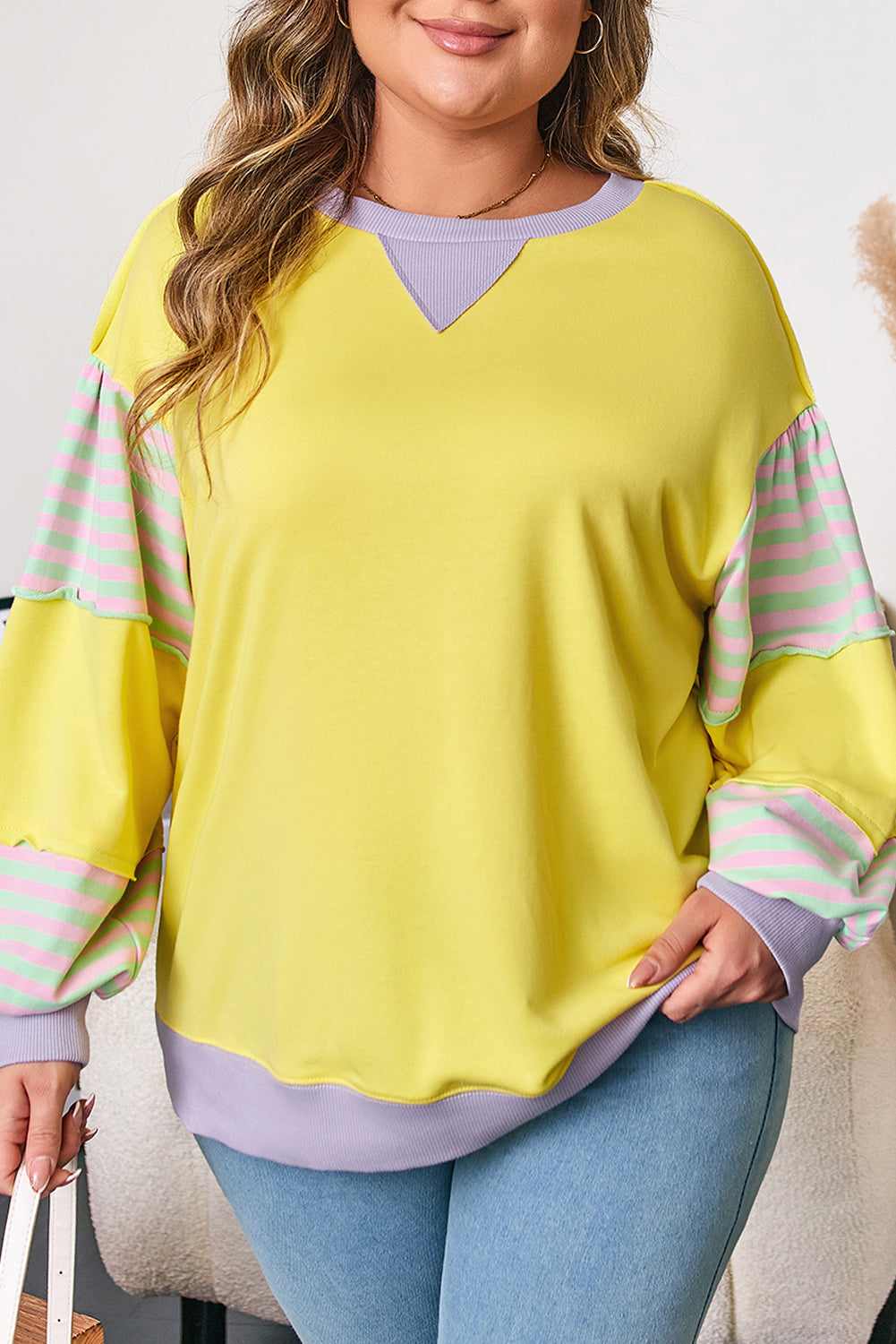 Yellow Striped Color Block Patchwork Crewneck Pullover Sweatshirt
