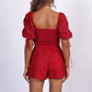 Elegant Miami Lace Short Set With Ruffle Short Sleeves & V-Neckline Detail