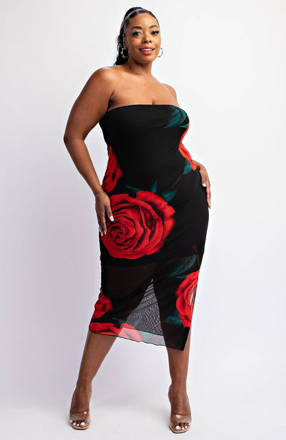 Emilia Mesh Print Strapless Dress with Slit