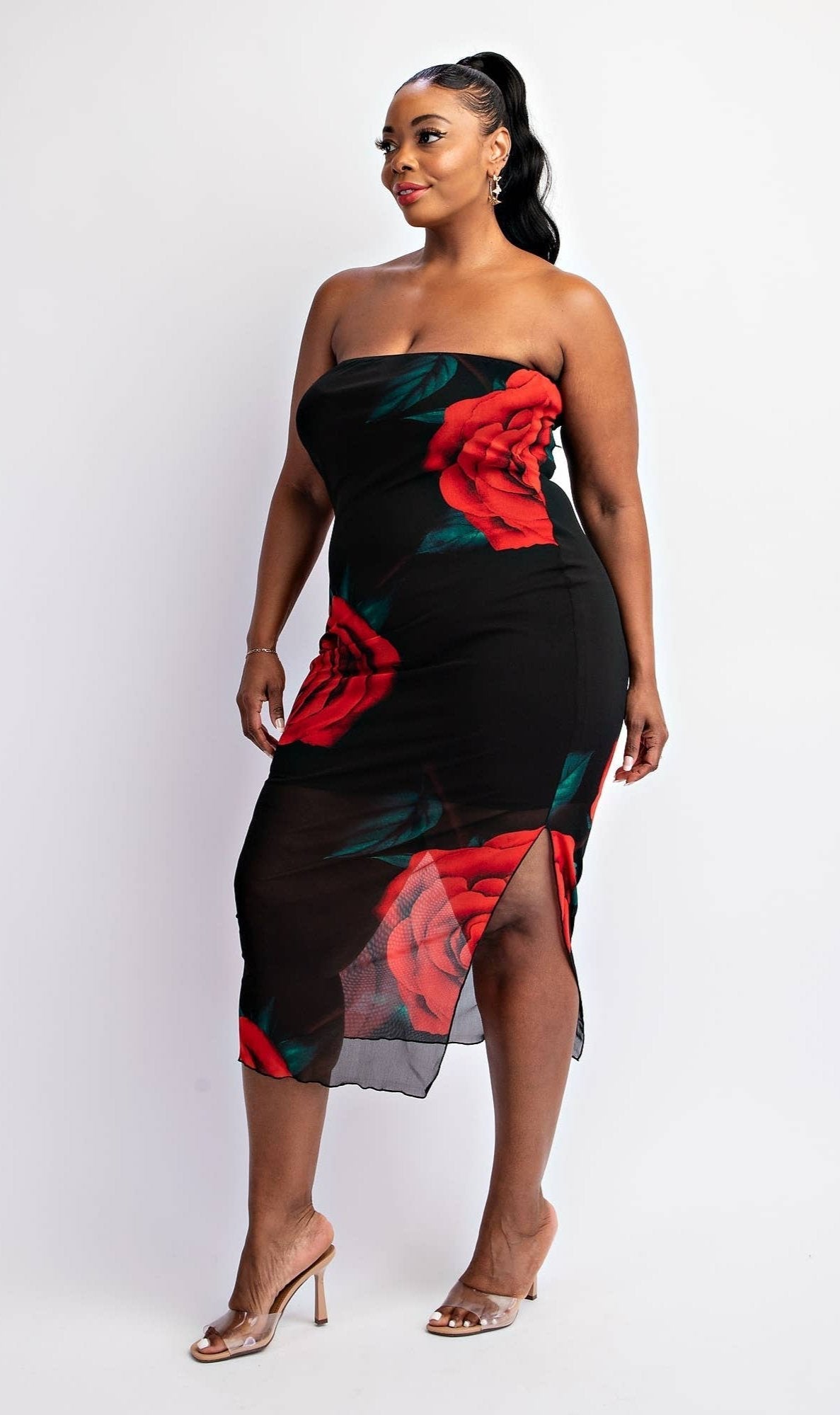 Emilia Mesh Print Strapless Dress with Slit