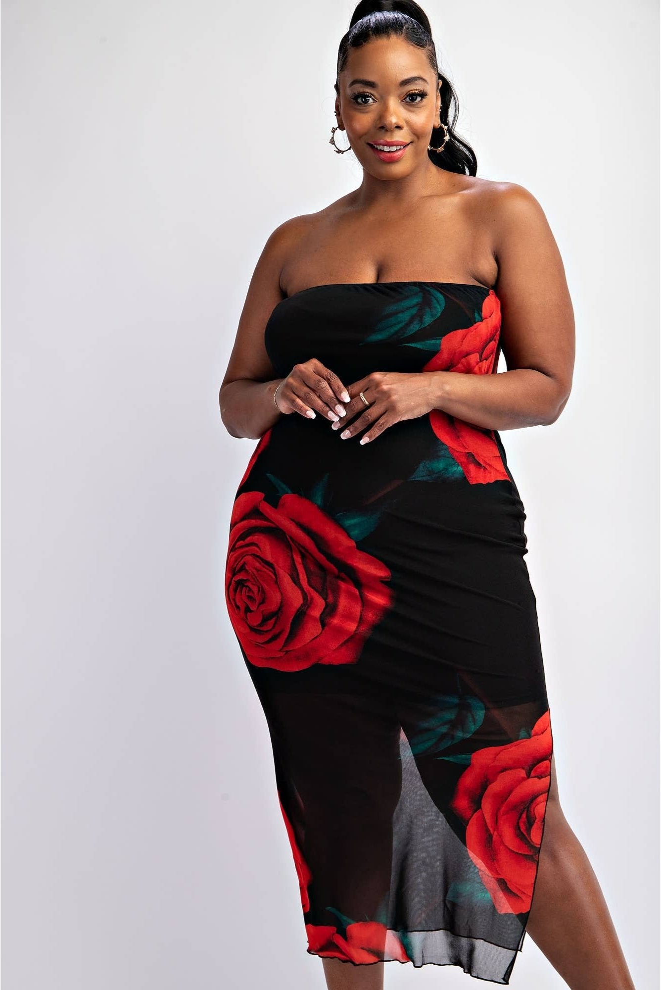 Emilia Mesh Print Strapless Dress with Slit