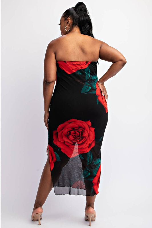 Emilia Mesh Print Strapless Dress with Slit
