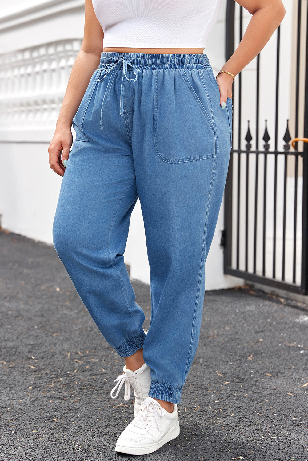 Dusk Blue Drawstring Waist Pocketed Denim Joggers