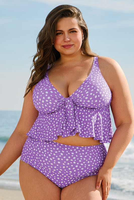 Purple Polka Dot Print Ruffled Knotted V Neck Tankini Set