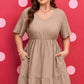 Dark Khaki Textured Ruffled Short Sleeve Dress