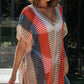 Multicolor Striped Tassel Crochet V Neck Beach Cover Up