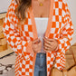 Orange Checkered Bubble Sleeve Drop Shoulder Open Cardigan