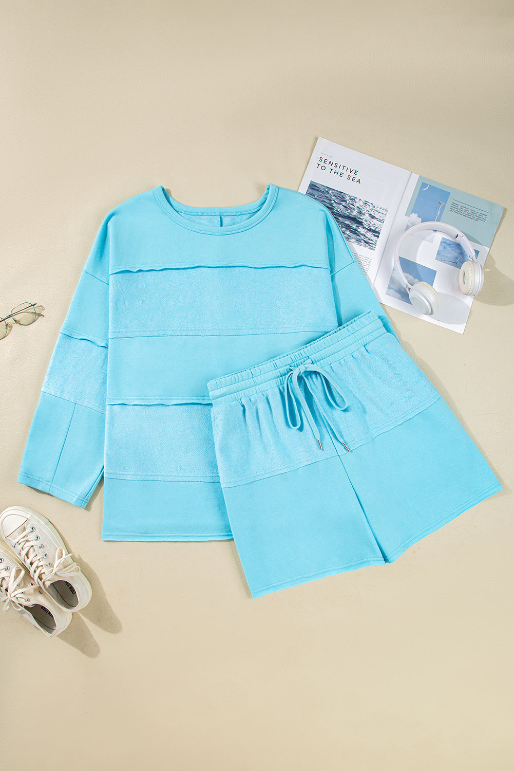 Aruba Blue Solid Color Splicing Raw Hem Pullover Top Shorts Set