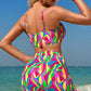 Multicolour Abstract Print Textured Spaghetti Strap High Waist Bikini Set