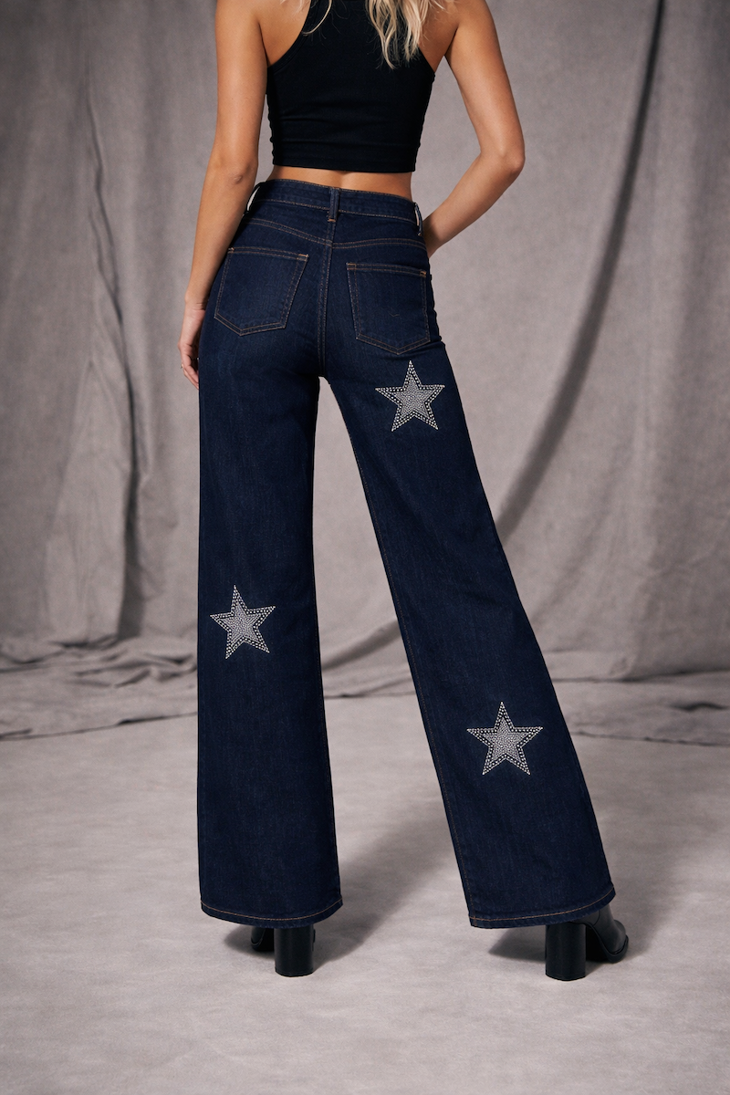 Star Rhinestones Wide Leg Jeans