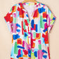 Colorful Brush Stroke Printed Button Split Neck Blouse