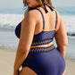 Navy Blue Embroidered Trim Wrap Tie Knot High Waisted Bikini