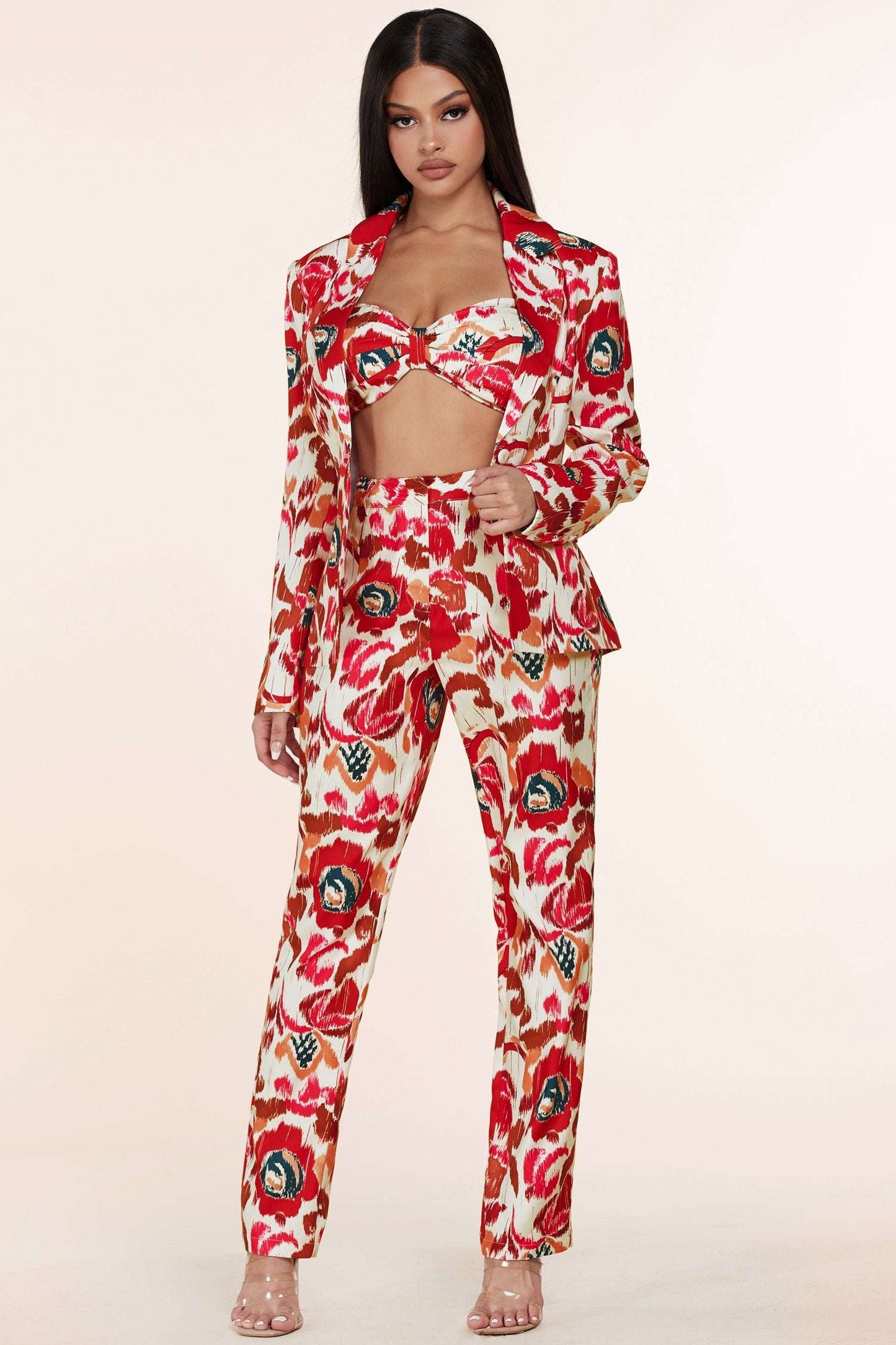 3pc Flower Print Bandeau Top Pants Set