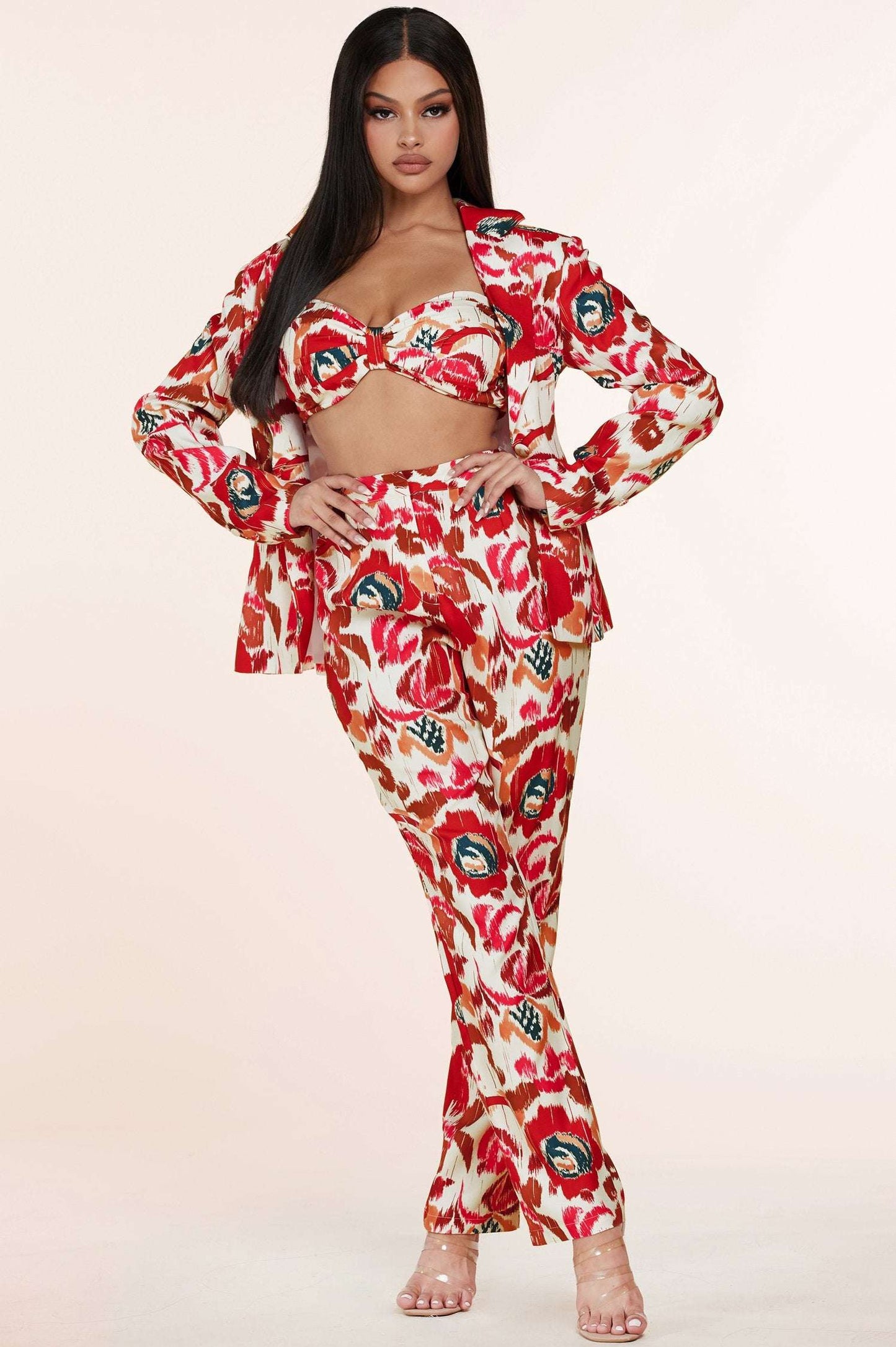 3pc Flower Print Bandeau Top Pants Set
