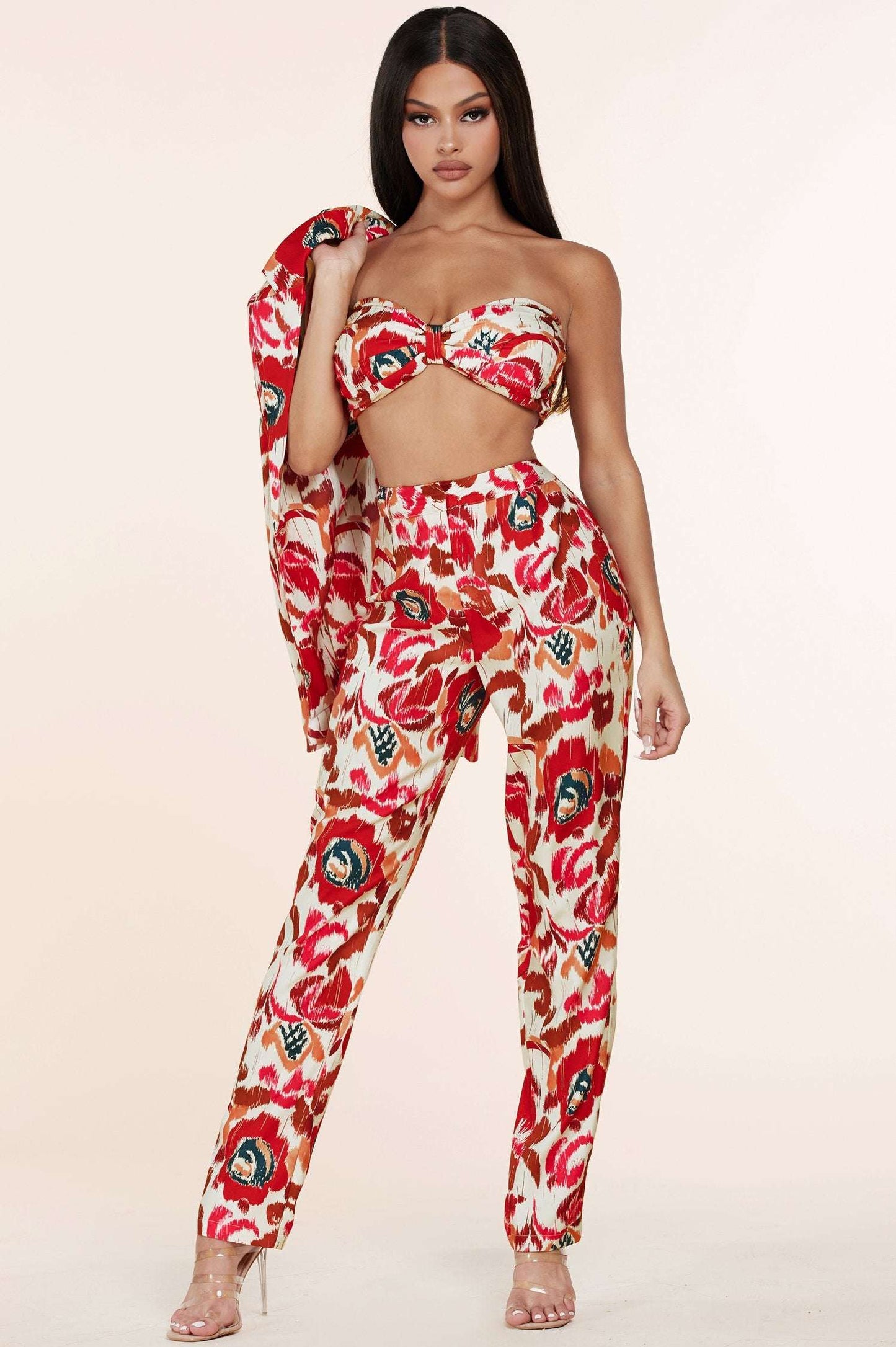 3pc Flower Print Bandeau Top Pants Set