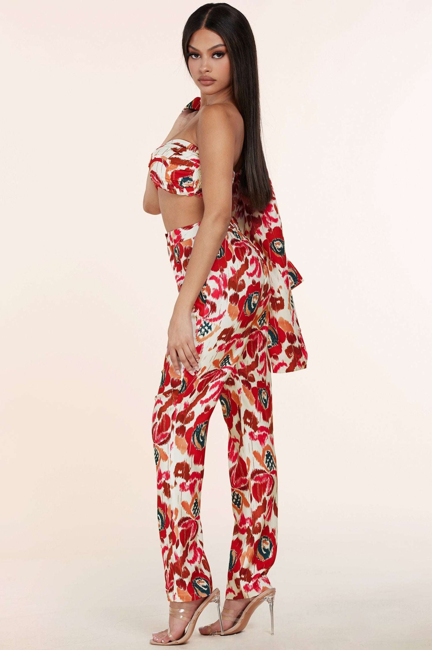 3pc Flower Print Bandeau Top Pants Set