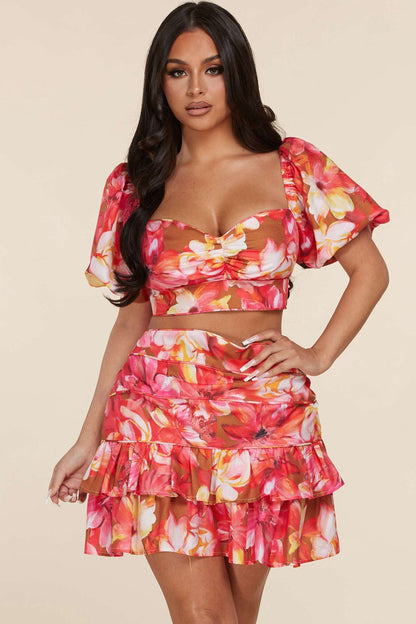 Charming Short Puff Sleeves 2pc Skirt Set