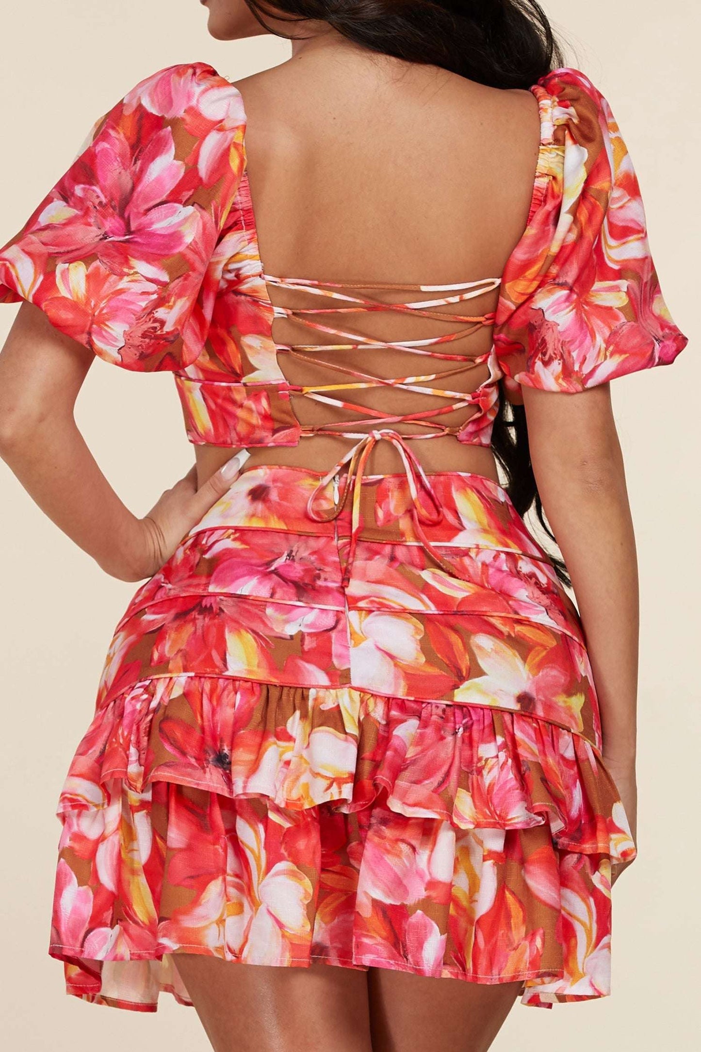 Charming Short Puff Sleeves 2pc Skirt Set