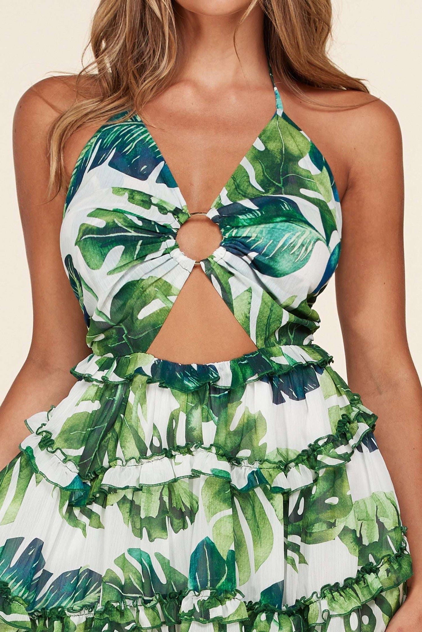 Leaf Print O-ring Mini Dress