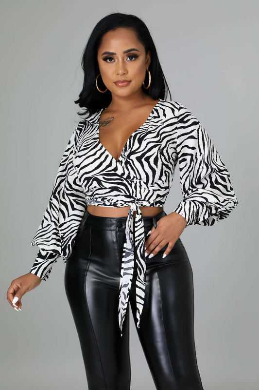 FaLong Sleeve Zebra Print Crop Top