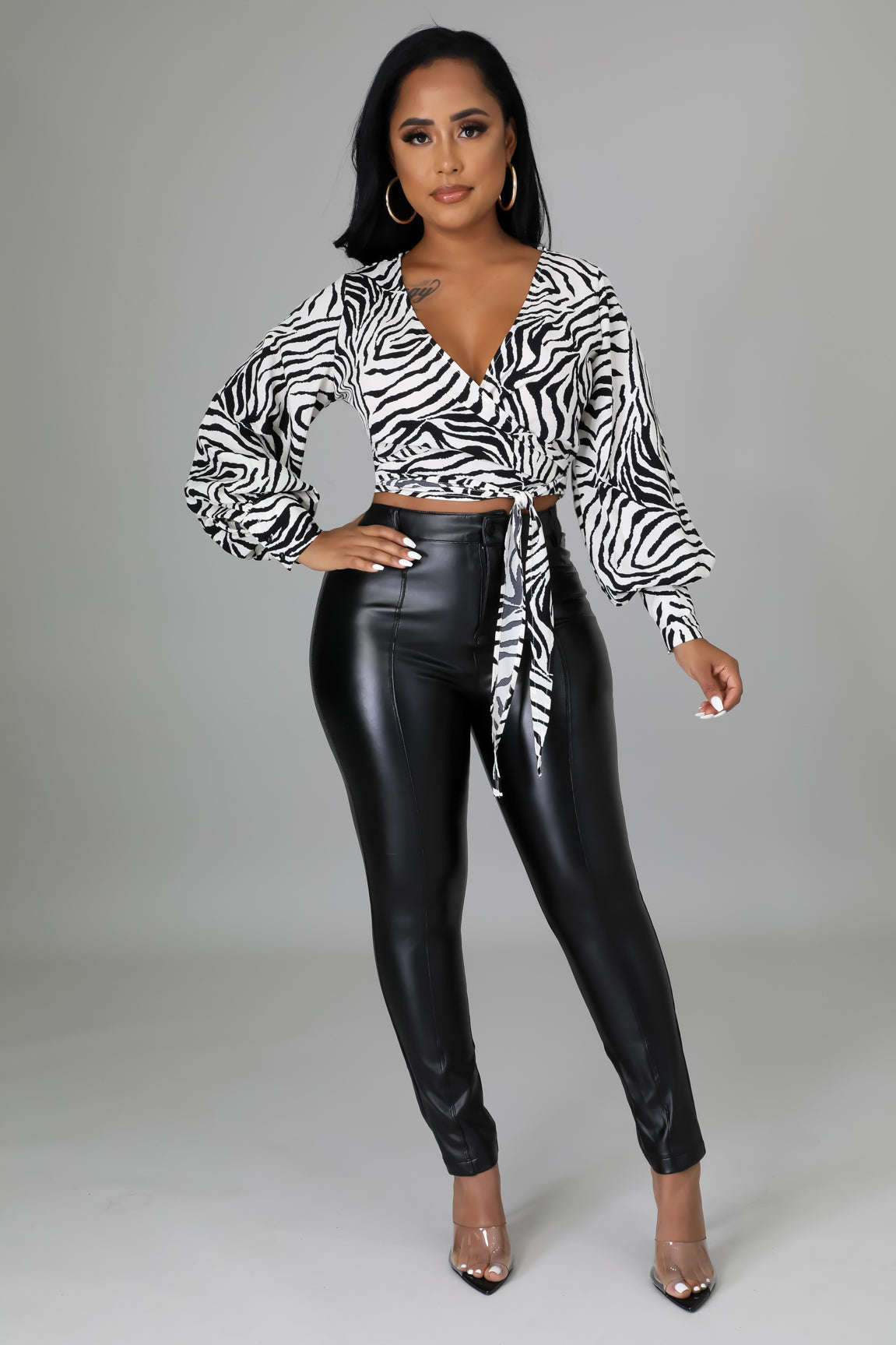 FaLong Sleeve Zebra Print Crop Top