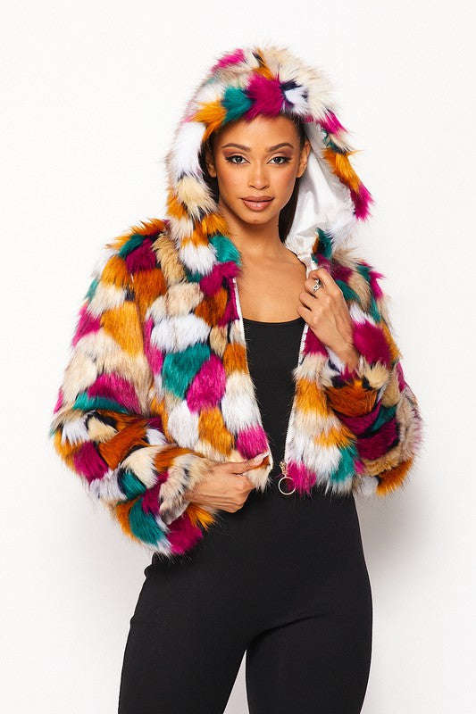 Multicolor Faux Fur Hooded Jacket With Front Zipper