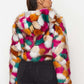 Multicolor Faux Fur Hooded Jacket With Front Zipper