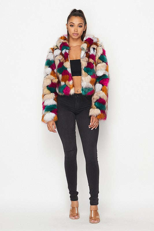 Multicolor Faux Fur Hooded Jacket With Front Zipper