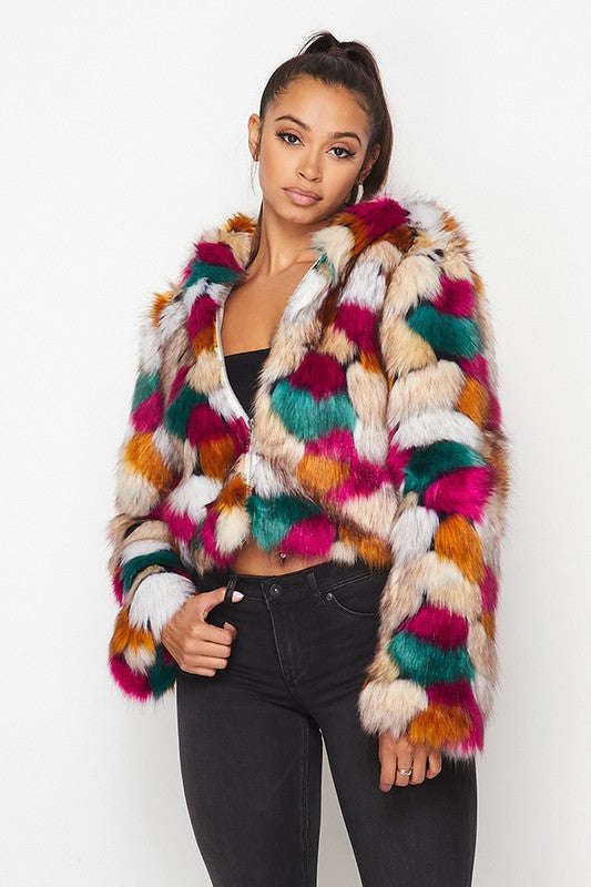 Multicolor Faux Fur Hooded Jacket With Front Zipper