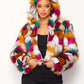 Multicolor Faux Fur Hooded Jacket With Front Zipper