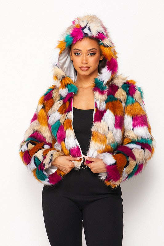 Multicolor Faux Fur Hooded Jacket With Front Zipper