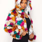 Multicolor Faux Fur Hooded Jacket With Front Zipper