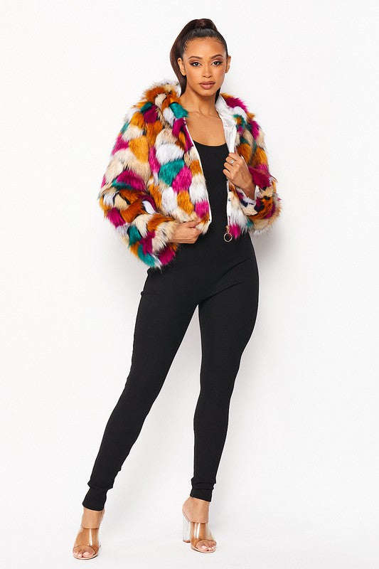Multicolor Faux Fur Hooded Jacket With Front Zipper