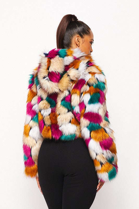 Multicolor Faux Fur Hooded Jacket With Front Zipper