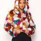 Multicolor Faux Fur Hooded Jacket With Front Zipper