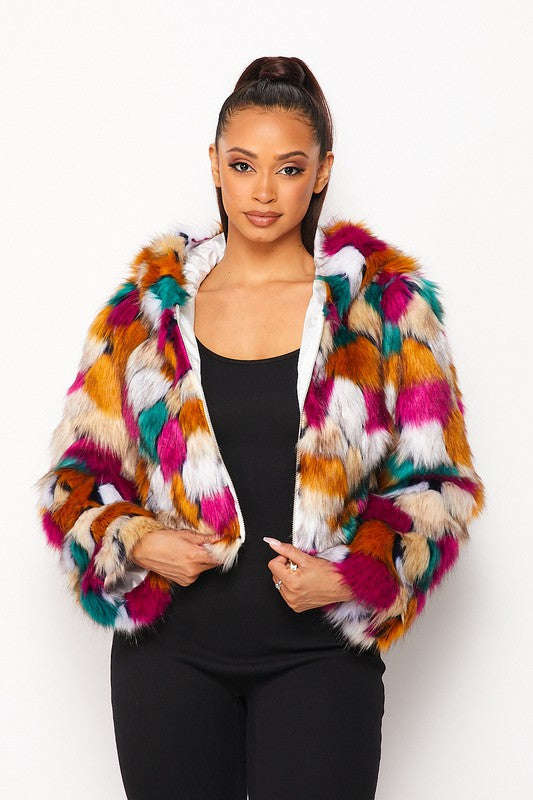 Multicolor Faux Fur Hooded Jacket With Front Zipper