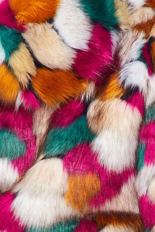 Multicolor Faux Fur Hooded Jacket With Front Zipper