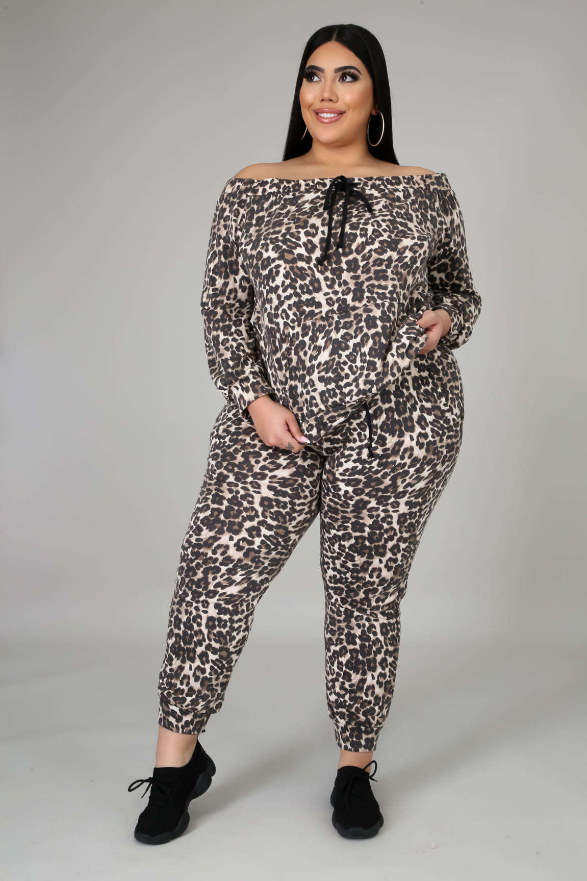 Off The Shoulder Cheetah Print Jogger Set