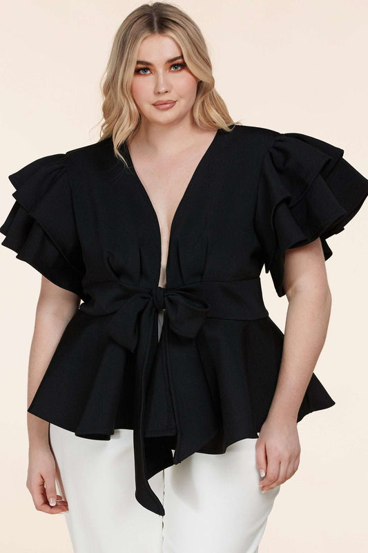 Black Ruffle Plunging V-Neck Fit and Flare Top
