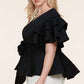 Black Ruffle Plunging V-Neck Fit and Flare Top