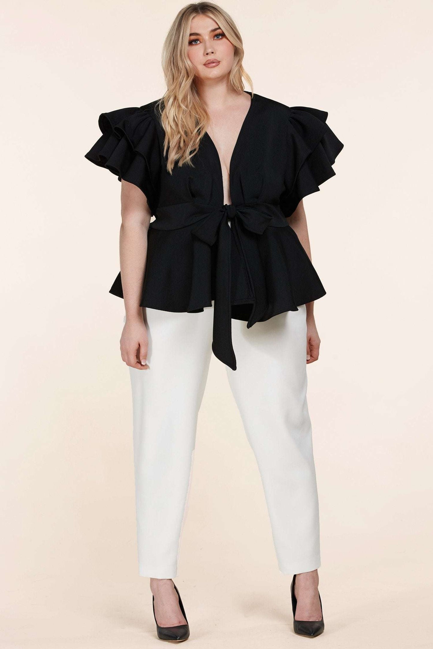 Black Ruffle Plunging V-Neck Fit and Flare Top