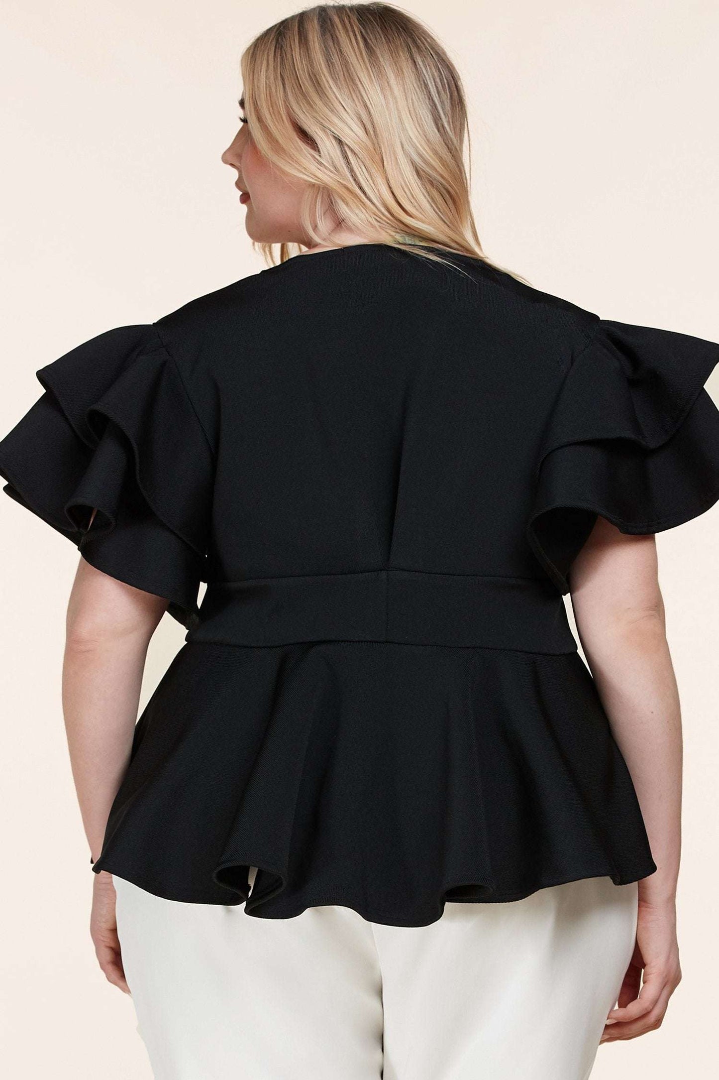 Black Ruffle Plunging V-Neck Fit and Flare Top