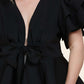 Black Ruffle Plunging V-Neck Fit and Flare Top