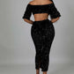 Sequin Matching Crop Top Midi High Waisted Skirt Set - Black