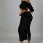 Sequin Matching Crop Top Midi High Waisted Skirt Set - Black