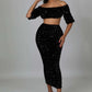 Sequin Matching Crop Top Midi High Waisted Skirt Set - Black
