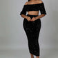 Sequin Matching Crop Top Midi High Waisted Skirt Set - Black