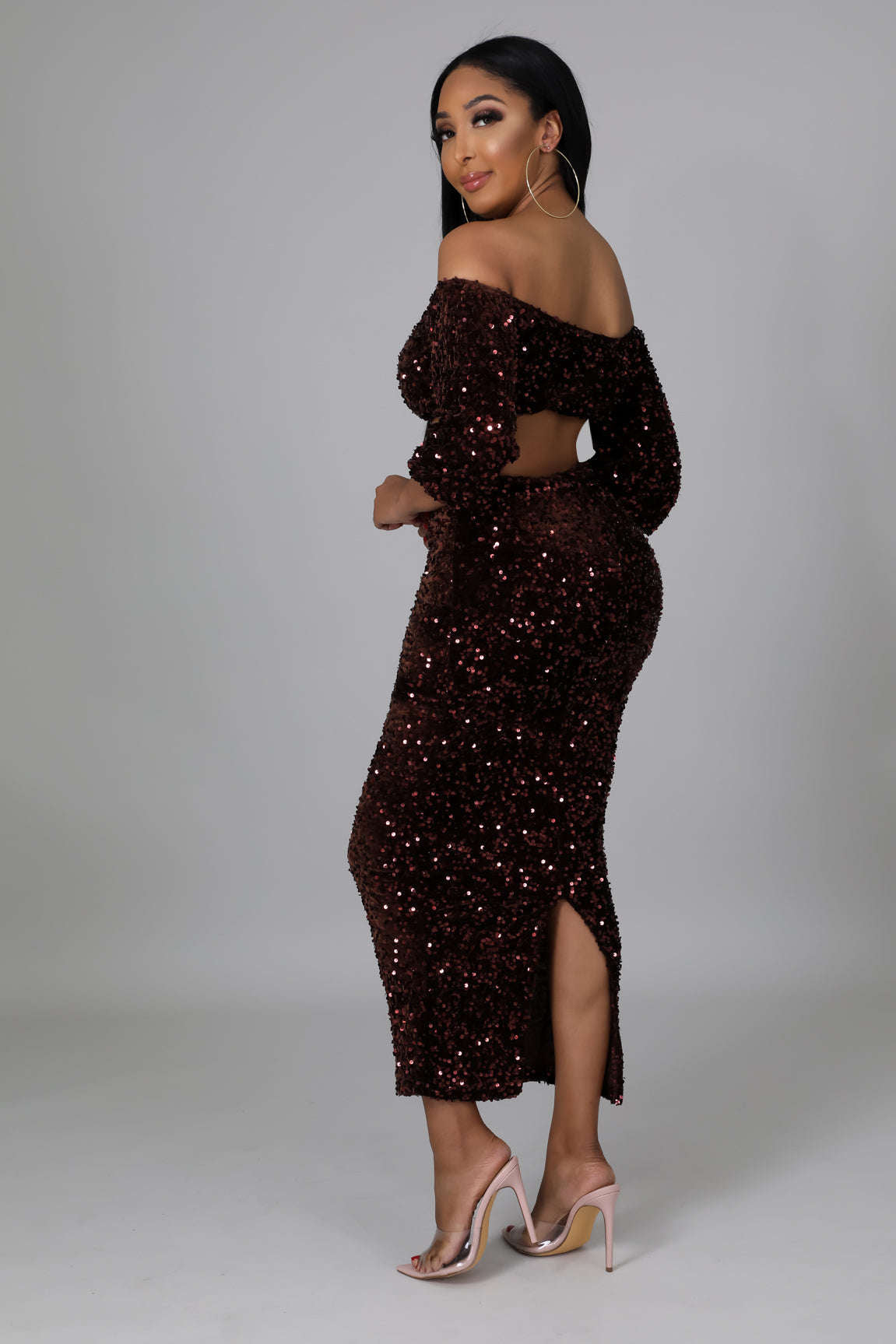 Sequin Matching Crop Top Midi High Waisted Skirt Set - Brown