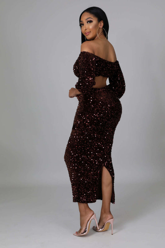 Sequin Matching Crop Top Midi High Waisted Skirt Set - Brown